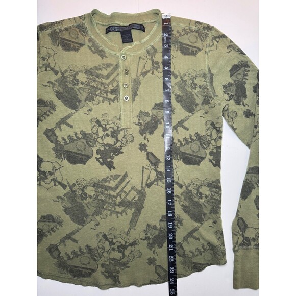 Our Silent Procession Henley Top Women Medium Green Skull Print Long Sleeve Y2K - Picture 10 of 11